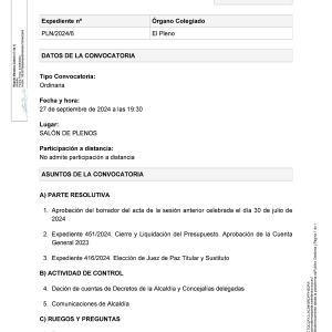 Convocatoria a Pleno sesión ordinaria, viernes 27 de septiembre a las 19:30h