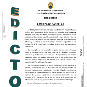 Edictos: "Poda y limpieza de vegetación que invade la vía pública" y "Limpieza de parcelas"