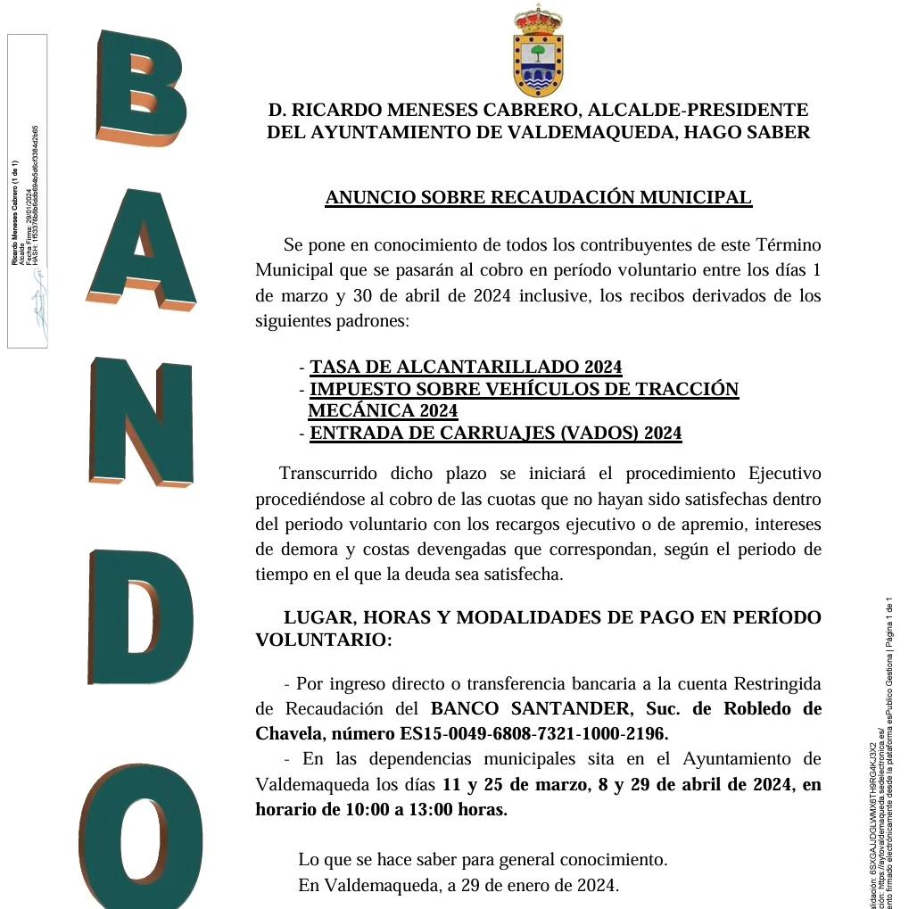 Bando: Anuncio sobre recaudación municipal