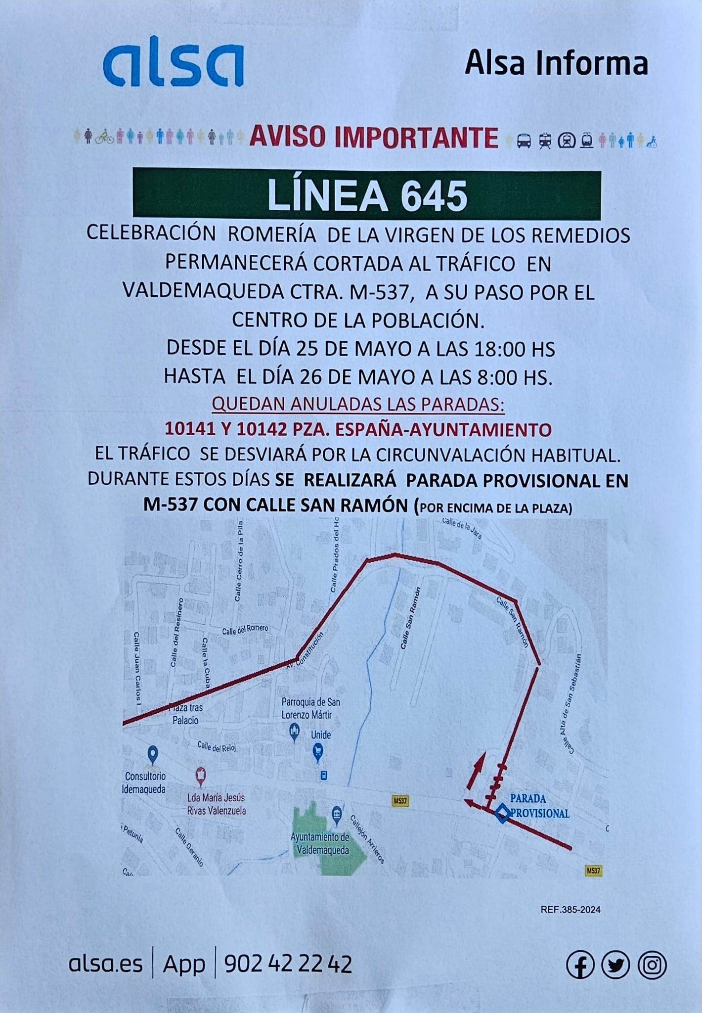 Aviso ALSA Romeria Valdemaqueda