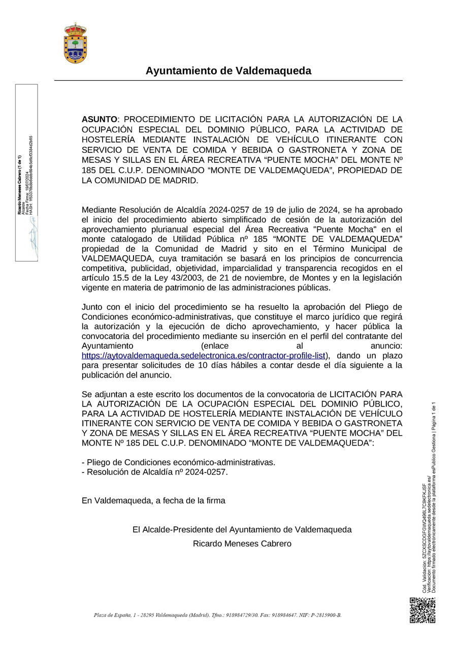 20240719 Publicación Anuncio ANUNCIO DE LICITACION VEHICULO ITINERANTE CON SERVICIO DE VENTA DE COMIDA Y BEBIDA Y ZONA DE MESAS Y SILLAS EN EL AREA RECREATIVA