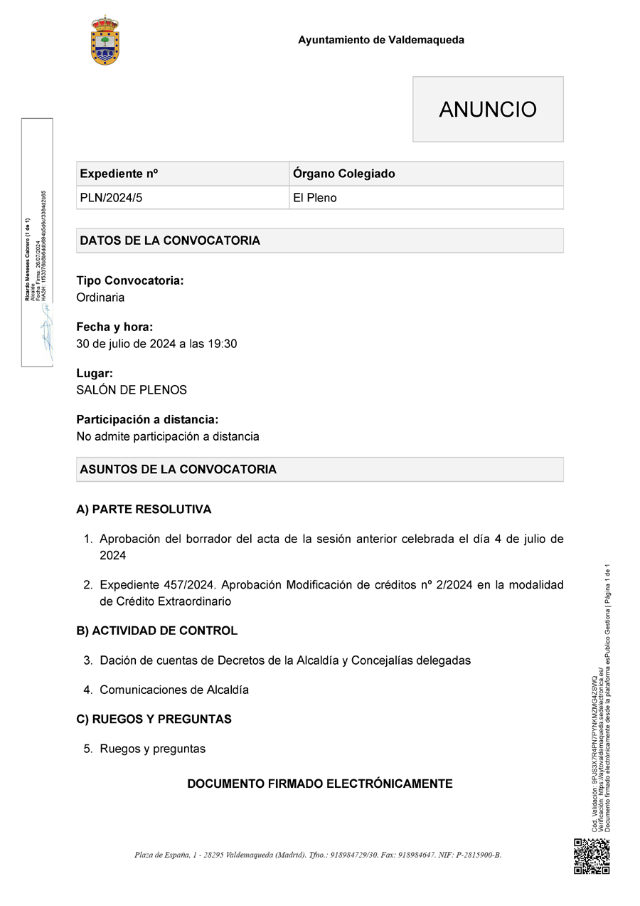20240726 Publicación Anuncio Anuncio de la convocatoria del Pleno 30.07.2024