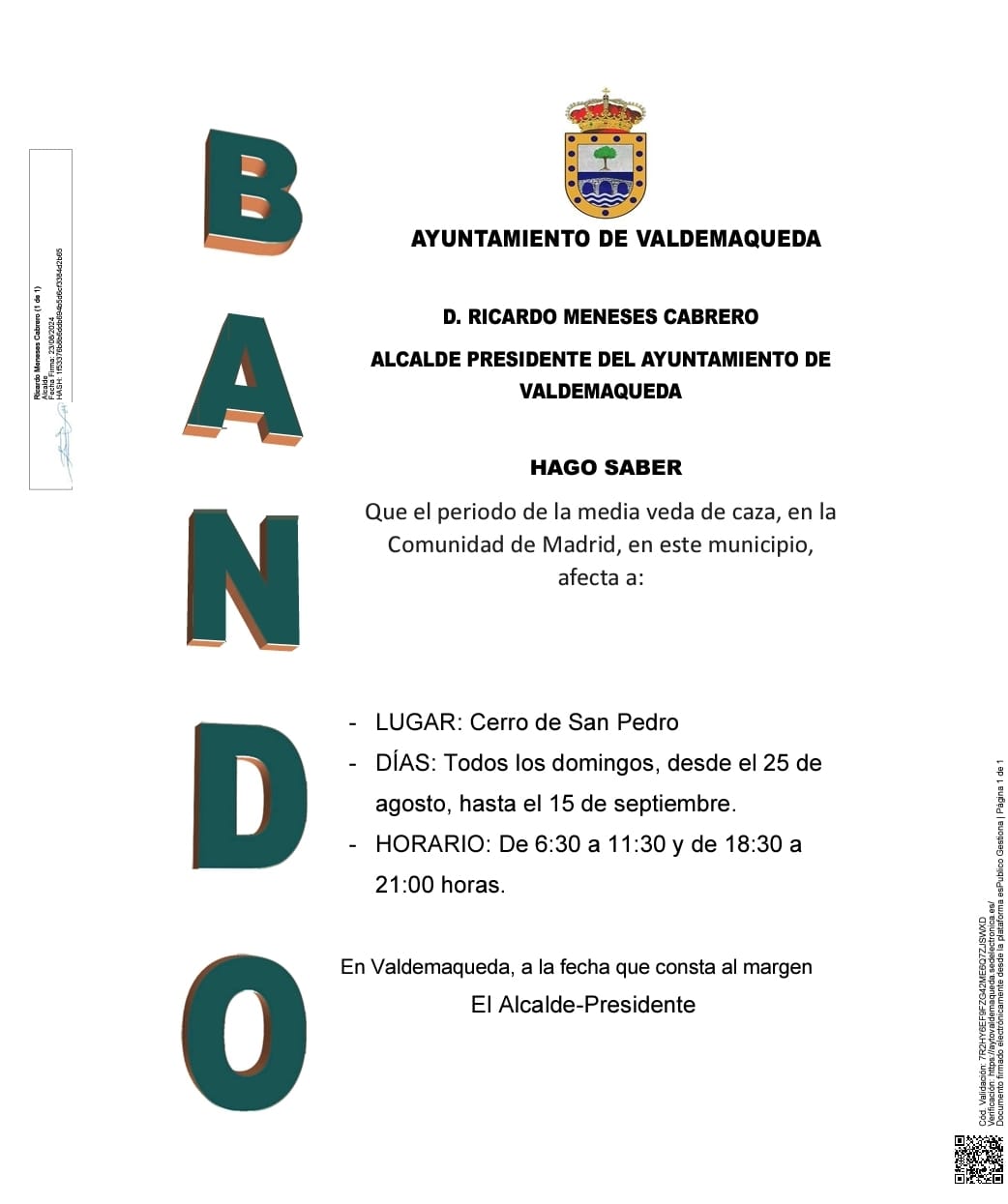 Bando media veda de caza Valdemaqueda 2024