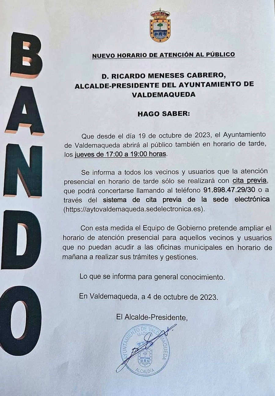 Bando apaertura ayto jueves tarde desde oct 2024