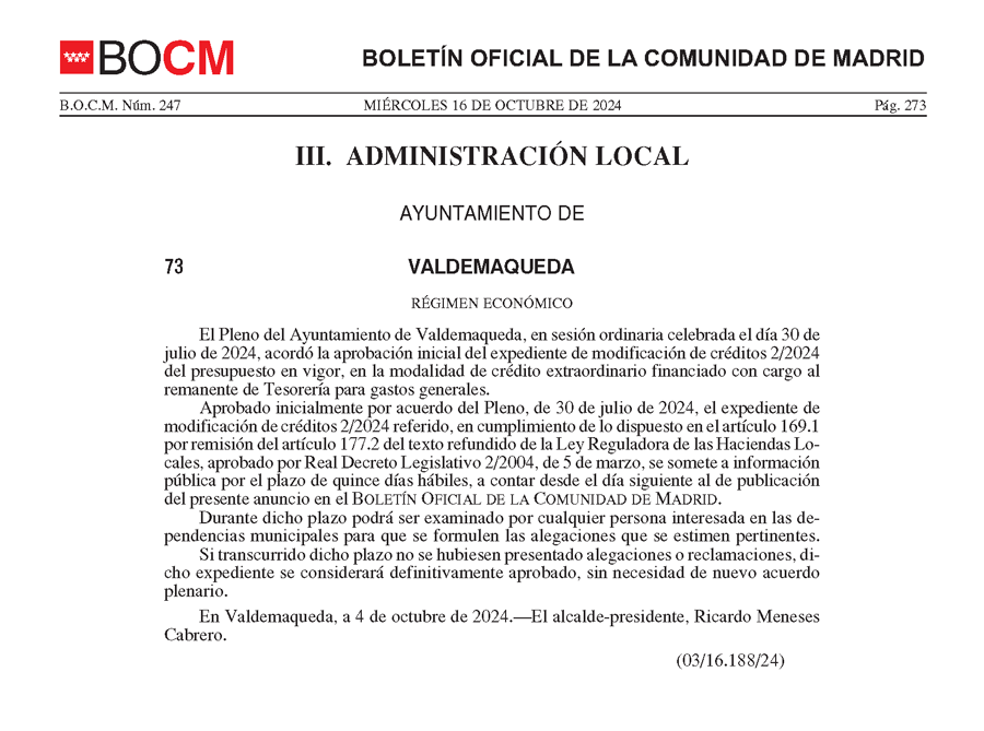 20241016 Otros BOCM 16.10.2024 Anuncio aprobación inicial Modificacion de creditos 2 2024