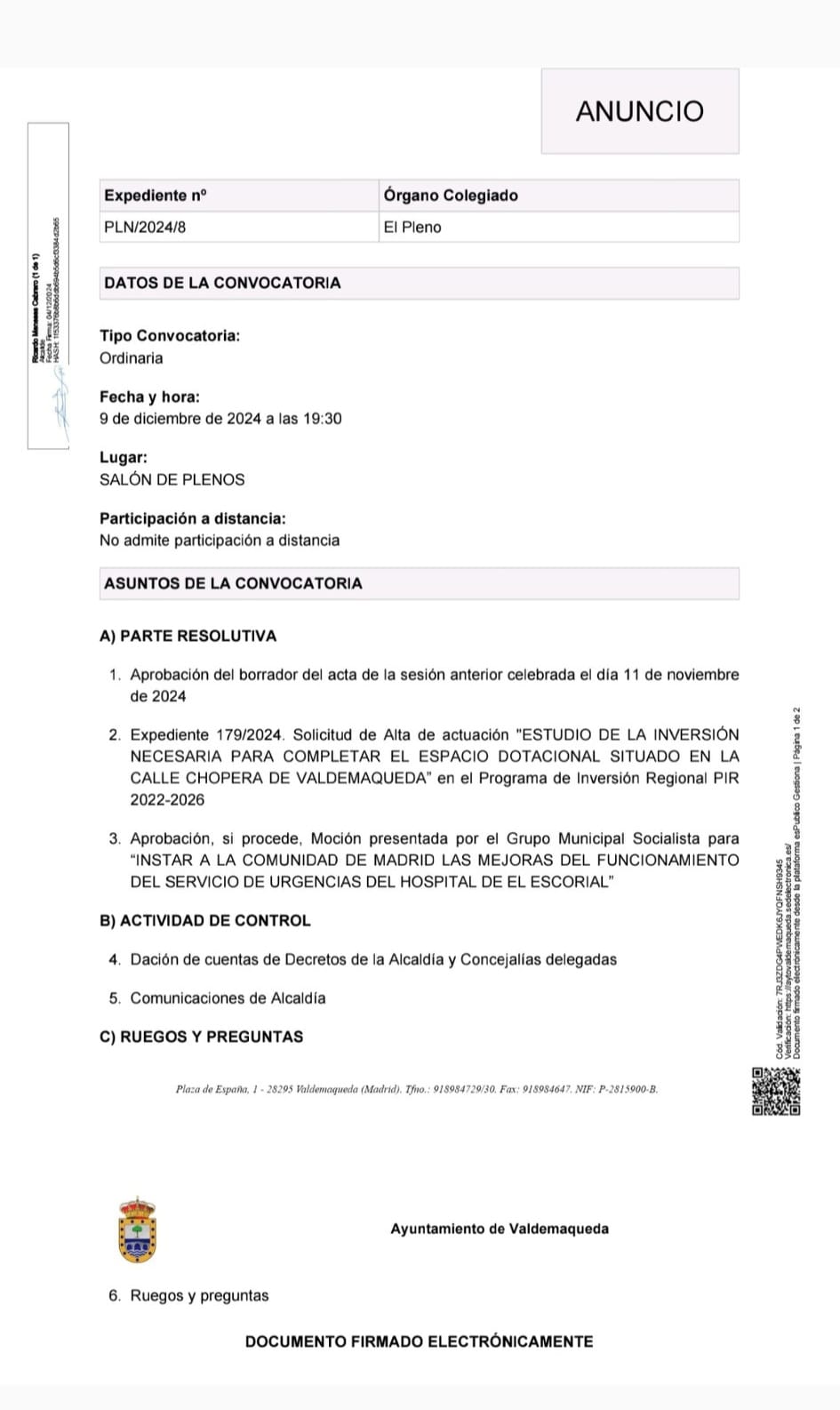 Convocatoria Pleno 20241209 Ayto Valdemaqueda