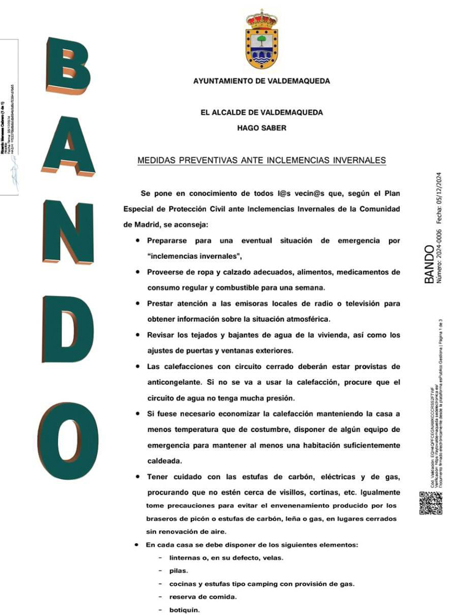 Bando medidas preventivas inclemencias invernales Valdemaqueda