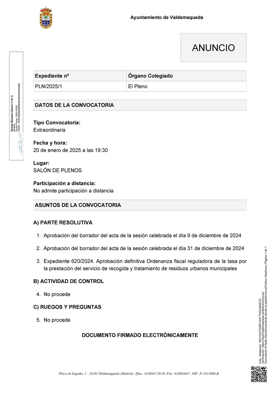 20250115 Comunicacion Anuncio de la convocatoria pleno