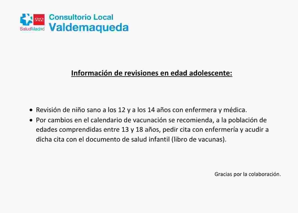 Consultorio local Valdemaqueda revisiones 11 a 14 años
