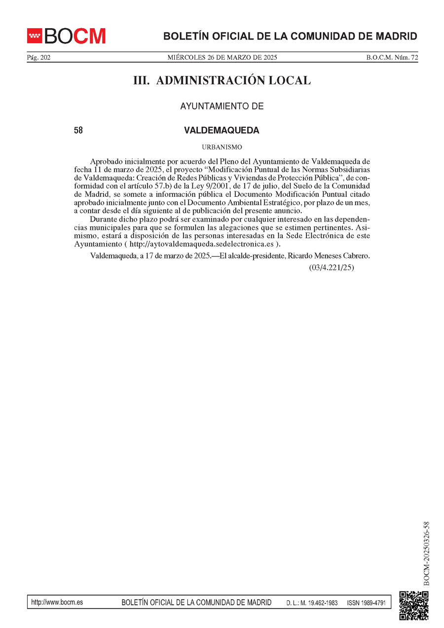 20250326 Otros BOCM 26.03.2025 Aprobación inicial Modificación Puntual NNSS de Valdemaqueda Creación de Redes Públicas y Viviendas de Protección Pública