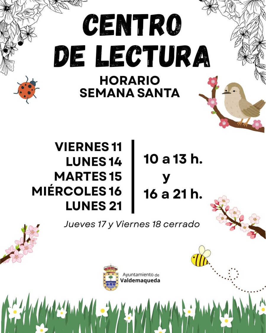 Horario centro de lectura Valdemaqueda semana santa 2025