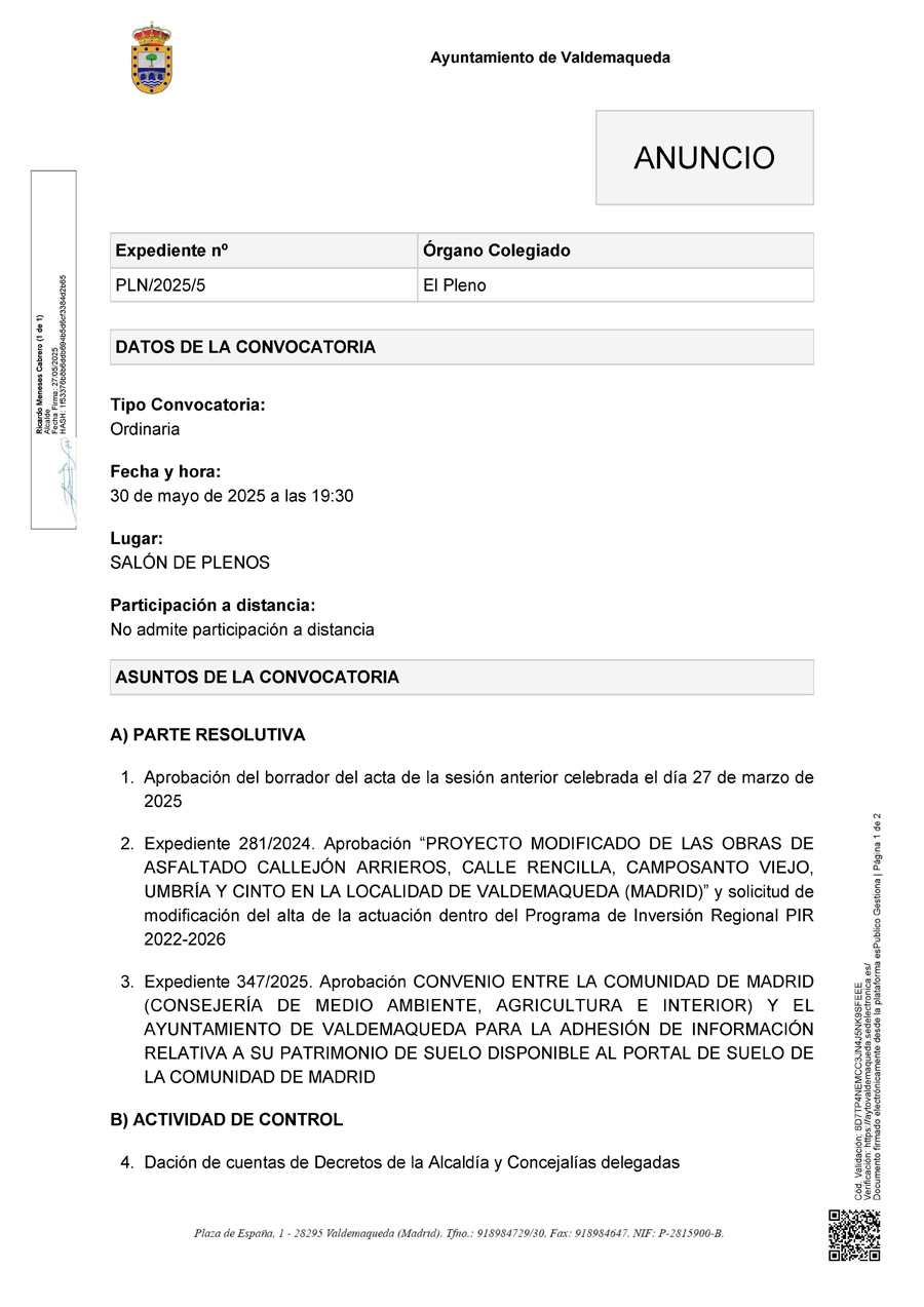 20250530 Convocatoria pleno