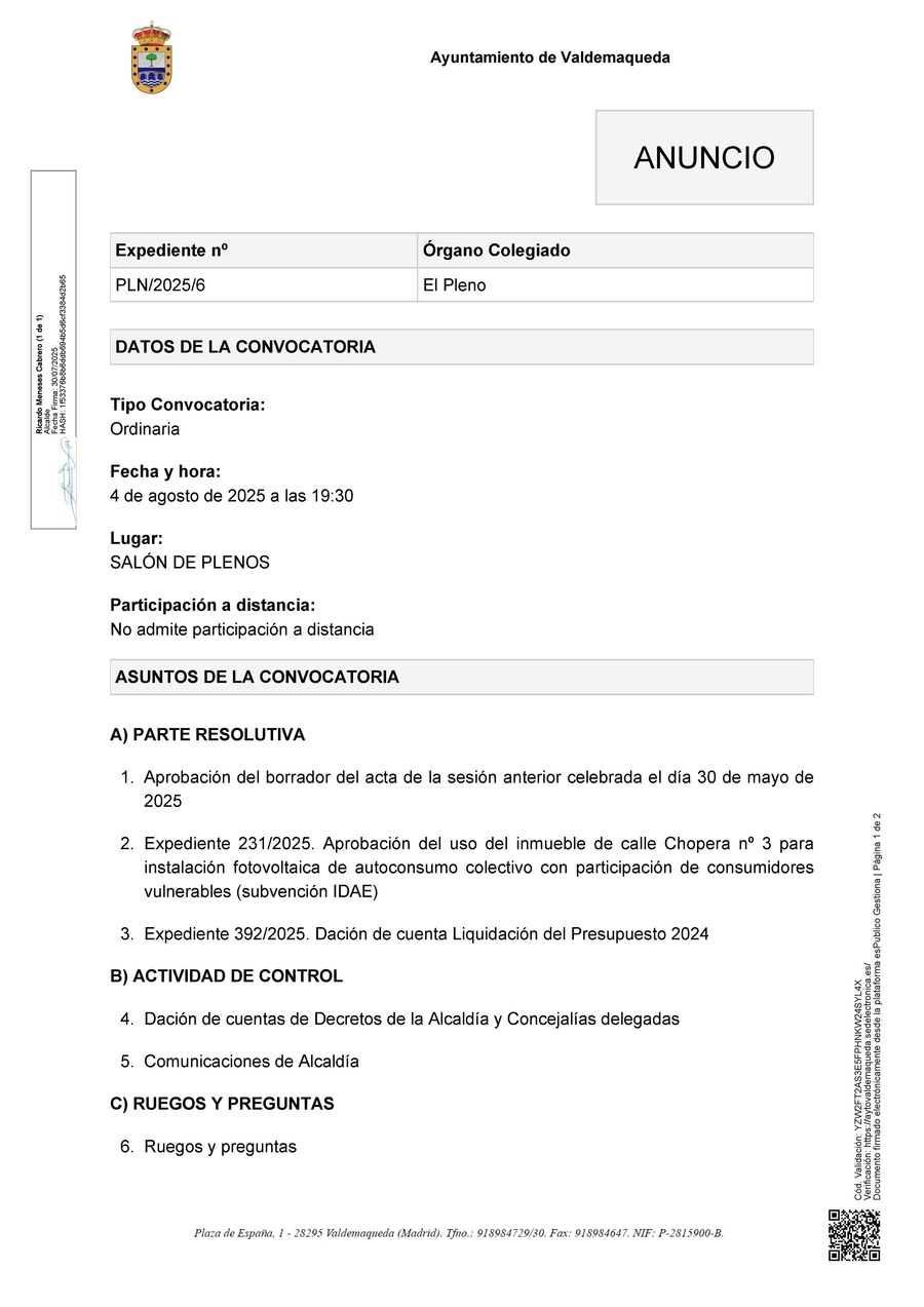 20250730 Comunicación Anuncio de la convocatoria Página 1