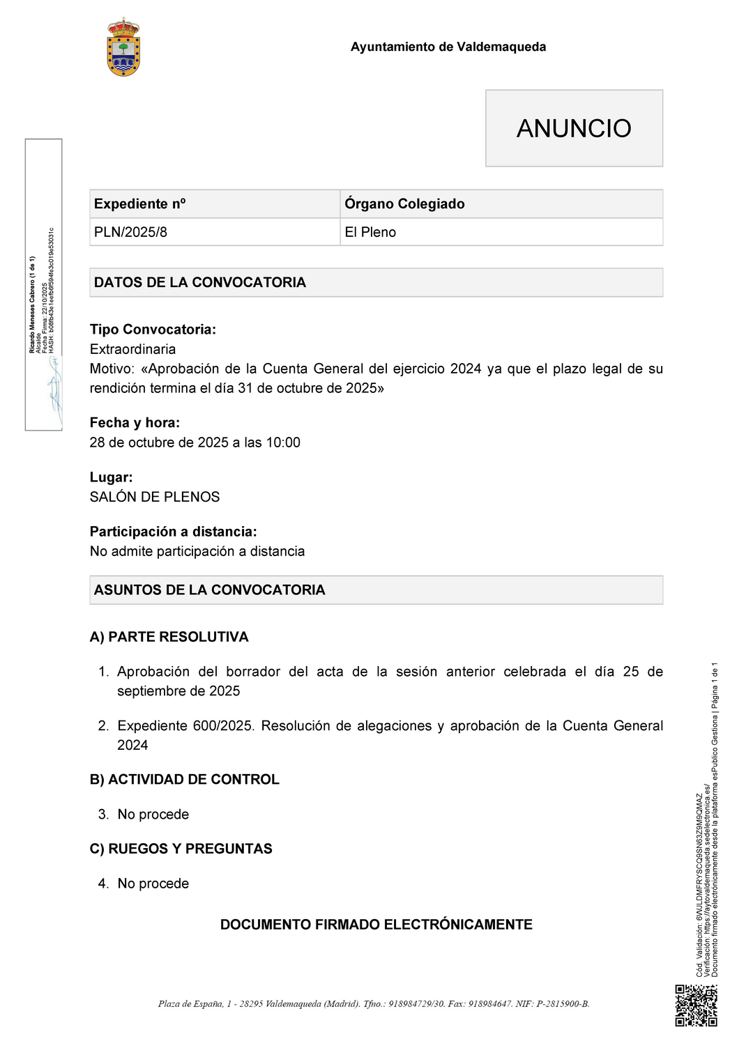 Convocatoria extraordinaria pleno 17 oct 25
