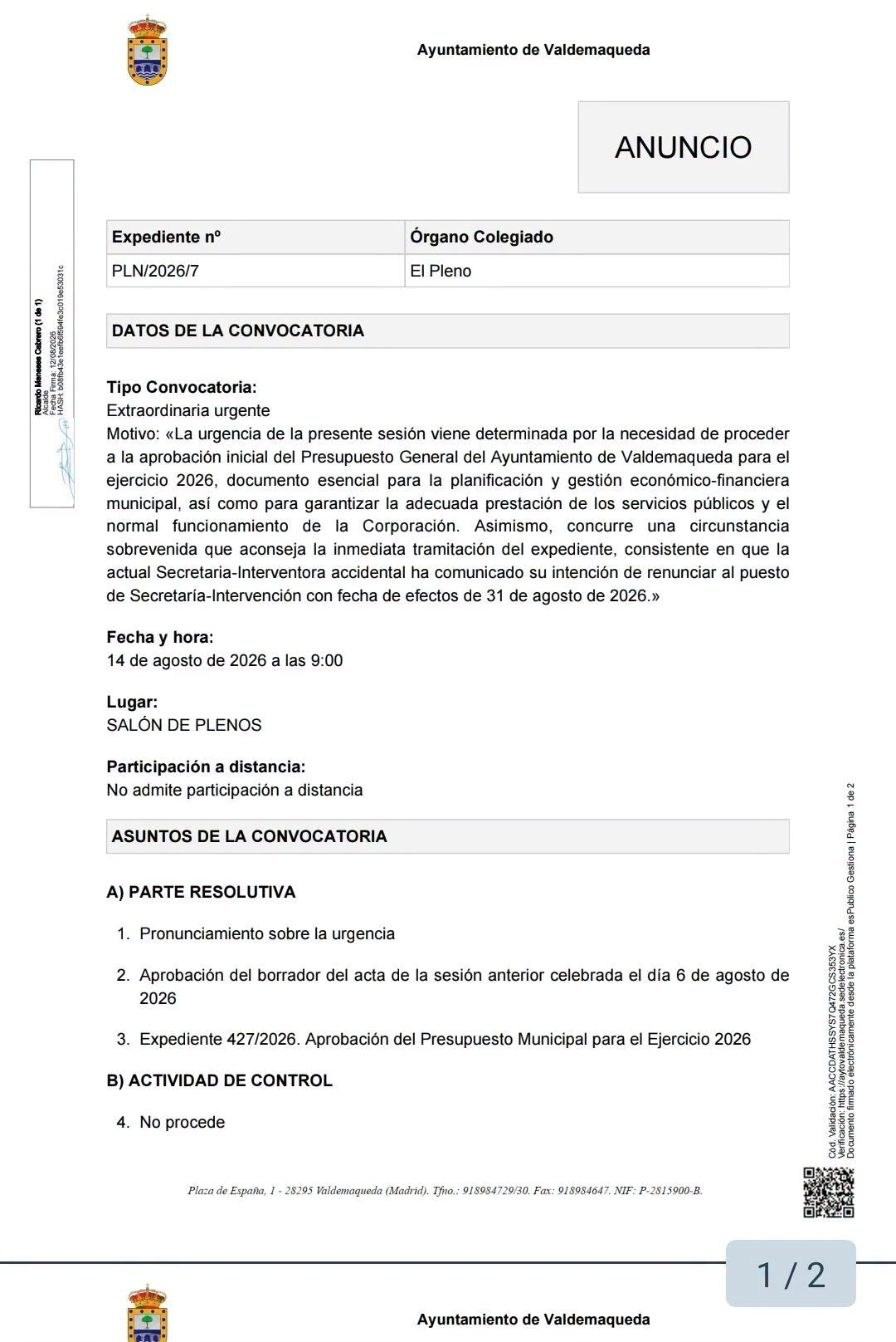 Convocatoria pleno agosto 2026