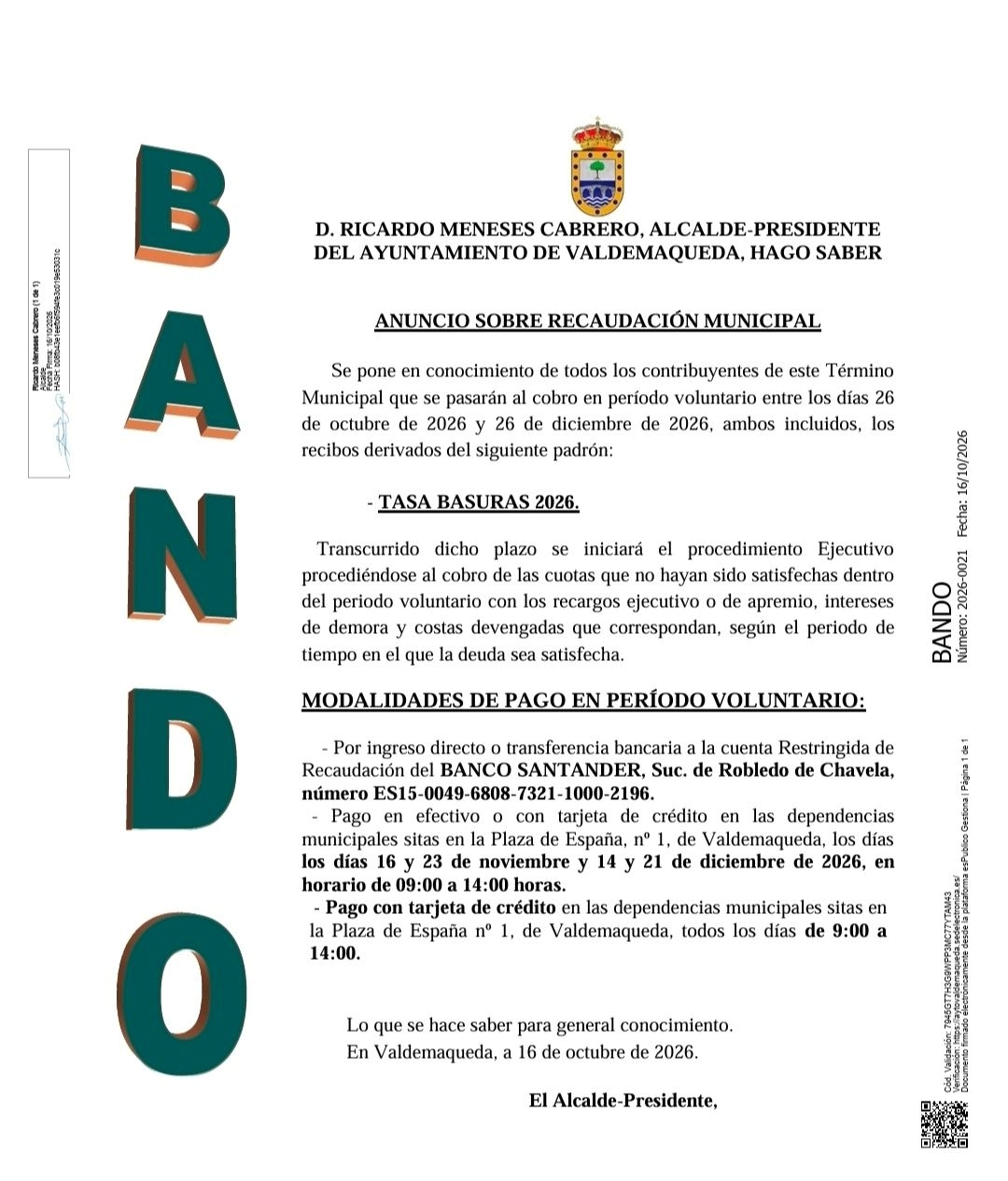 Bando tasa Basuras 2026