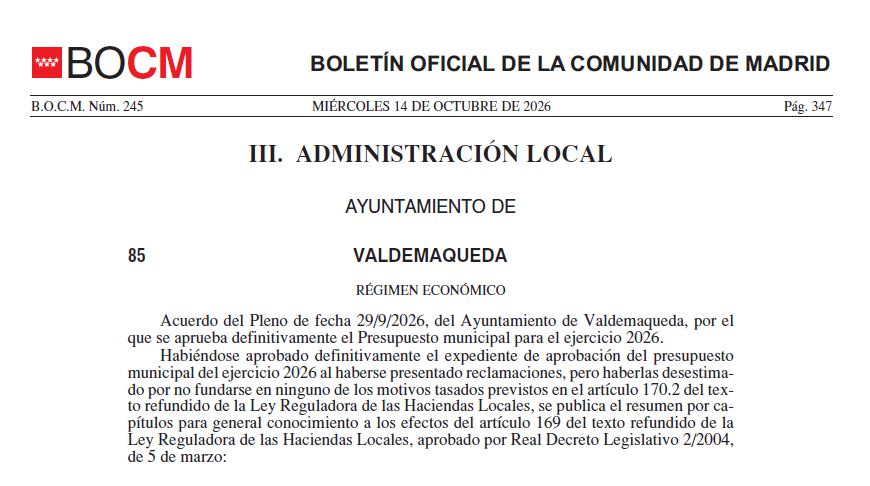 Aprobación definitiva del Presupuesto General para el ejercicio económico 2026